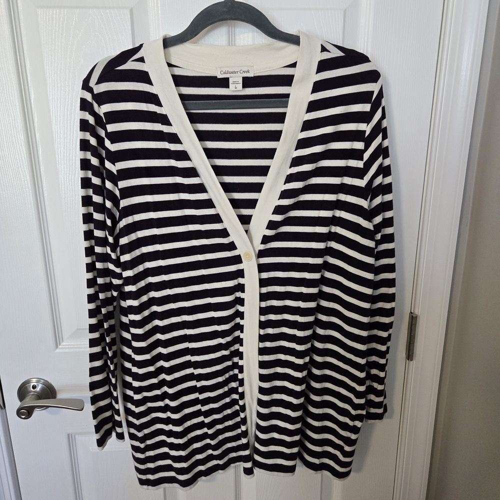 Coldwater Creek Black and White Striped V-Neck Cardigan